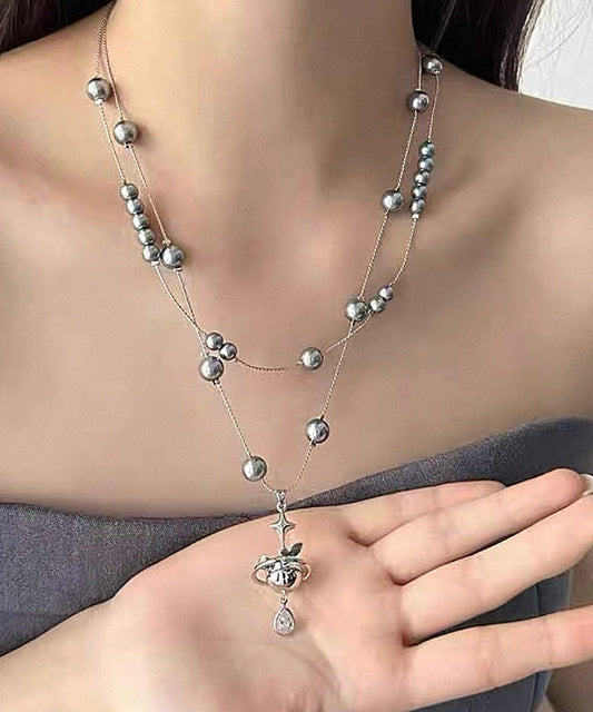 Women Grey Copper Alloy Double-Layer Pearl Spaceship Pendant Necklace