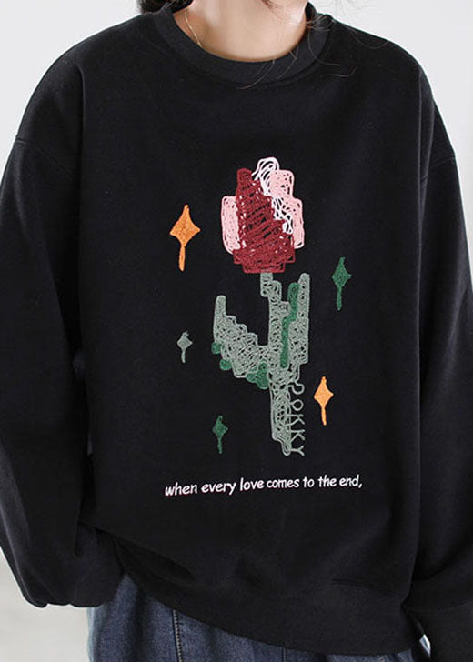 Frauen Grau Bestickt Grafik Warm Fleece Sweatshirt Winter