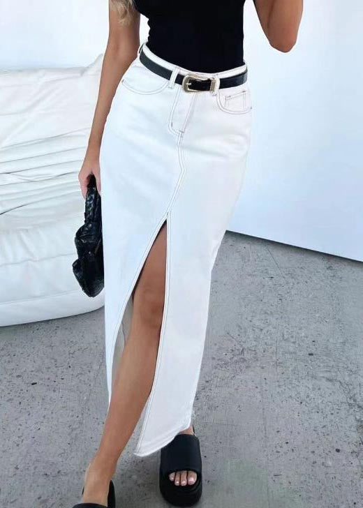 Women Grey High Waist Side Open Denim Skirts Summer