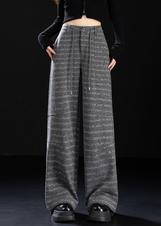 Women Grey Oversized Striped Woolen Straight Pants Winter