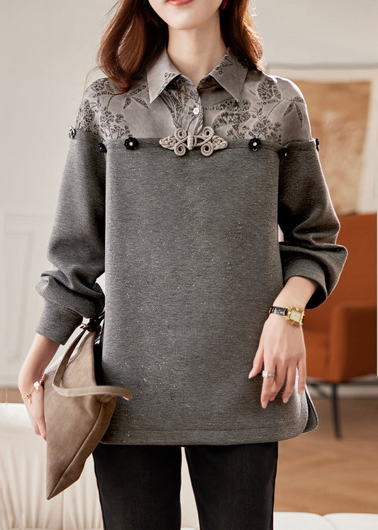 Women Grey Peter Pan Collar Patchwork Cotton Sweatshirts Spring