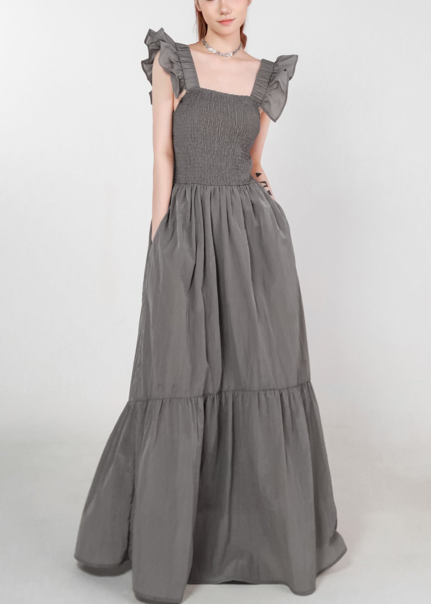 Frauen Grau Taschen Hohe Taille Baumwolle Langes Kleid Sommer