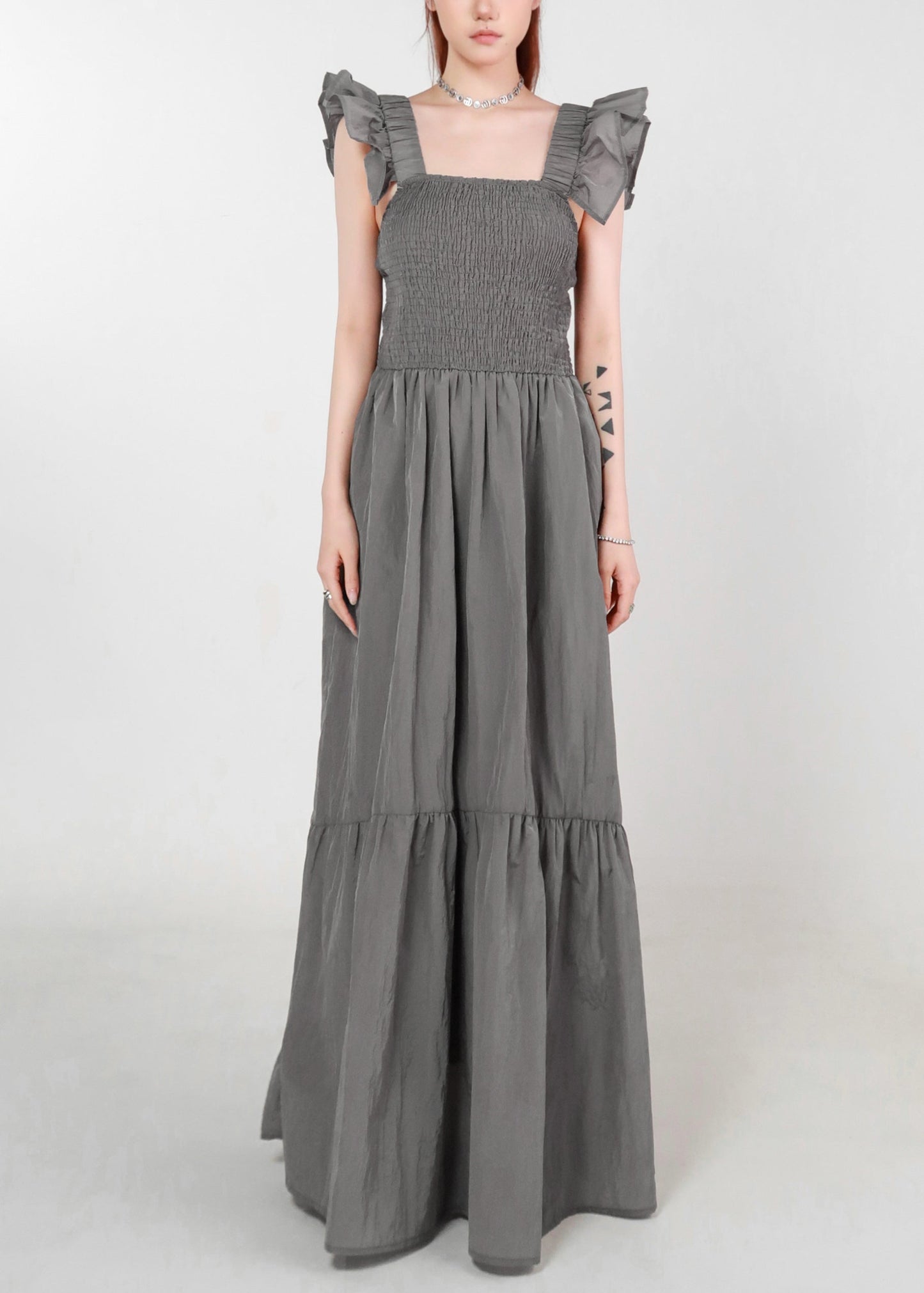 Frauen Grau Taschen Hohe Taille Baumwolle Langes Kleid Sommer