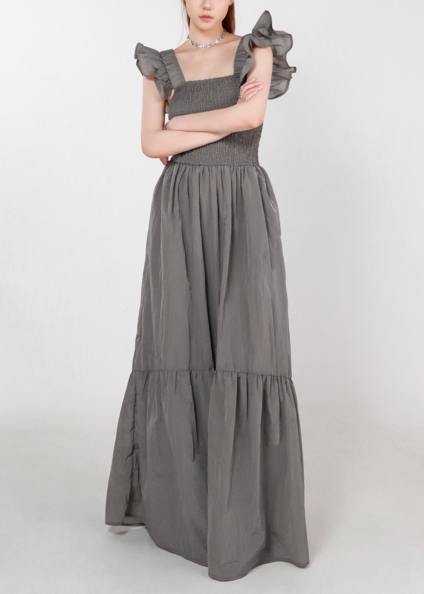 Frauen Grau Taschen Hohe Taille Baumwolle Langes Kleid Sommer