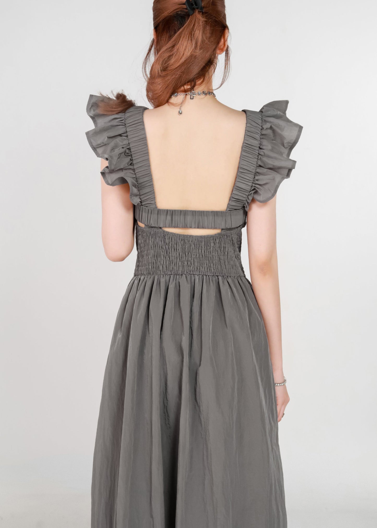 Frauen Grau Taschen Hohe Taille Baumwolle Langes Kleid Sommer