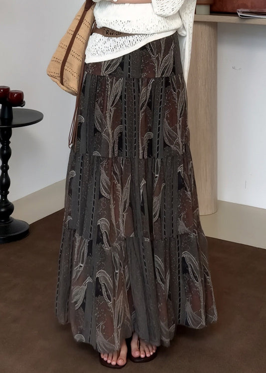 Women Grey Print Draping Chiffon Skirts Spring