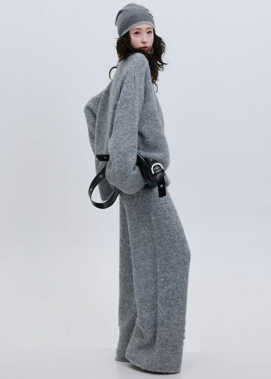 Conjunto de dos piezas de punto grueso con lentejuelas grises para mujer para invierno