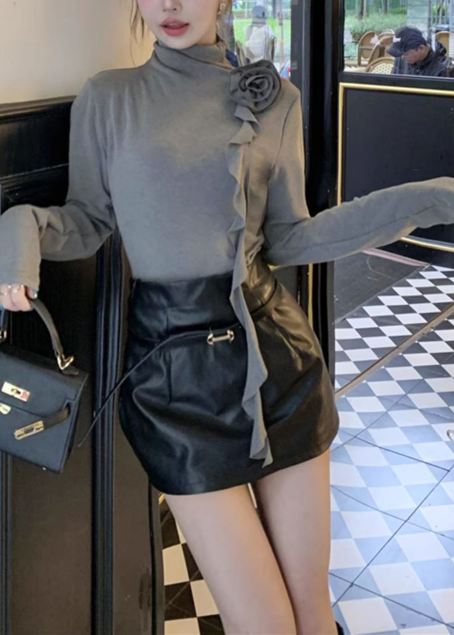 Damen Graue Rollkragenbluse aus Baumwolle mit stereoskopischem Blumenmuster für den Frühling