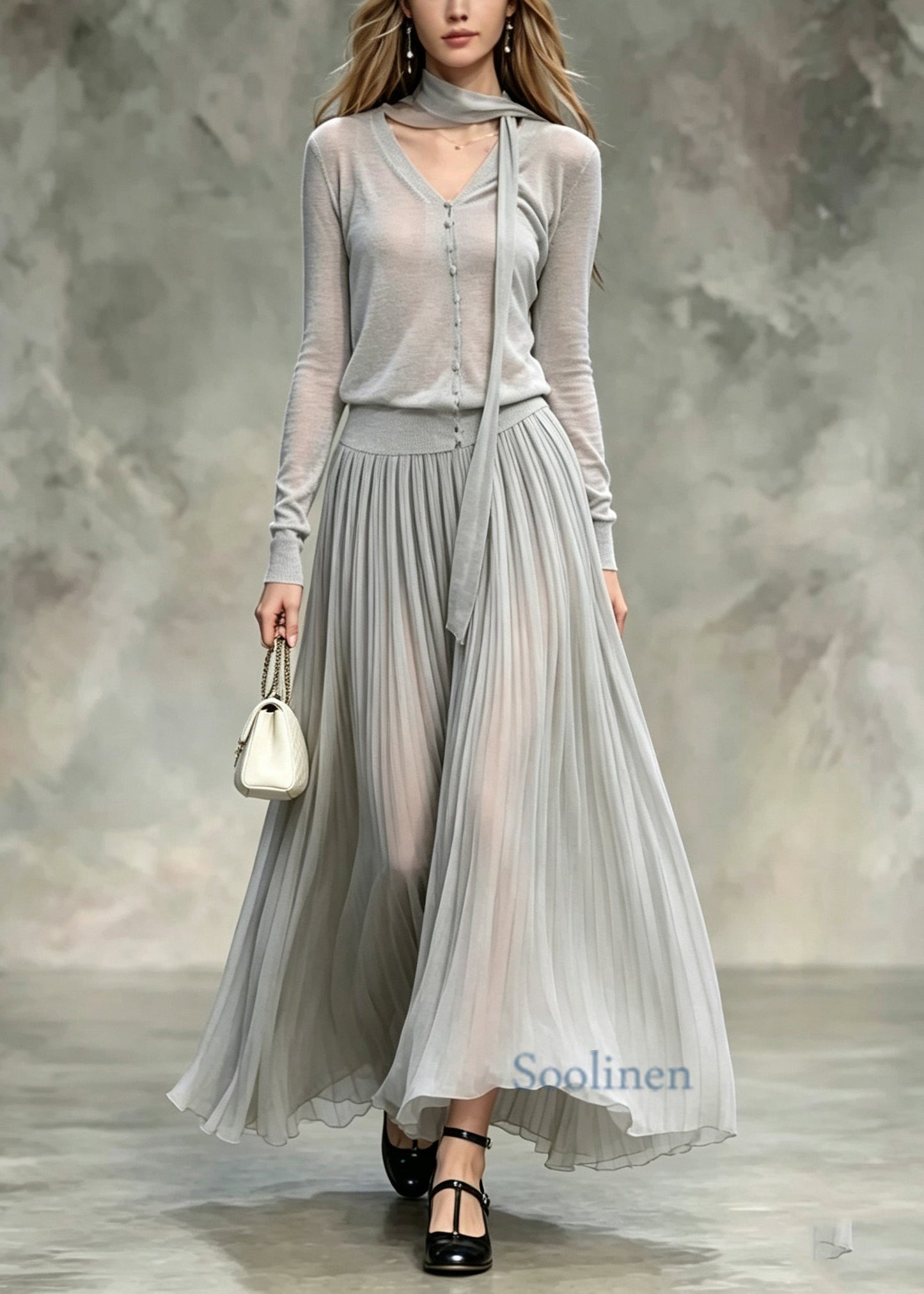 Women Grey V Neck Tops And Skirts Cotton Two Pieces Set Fall