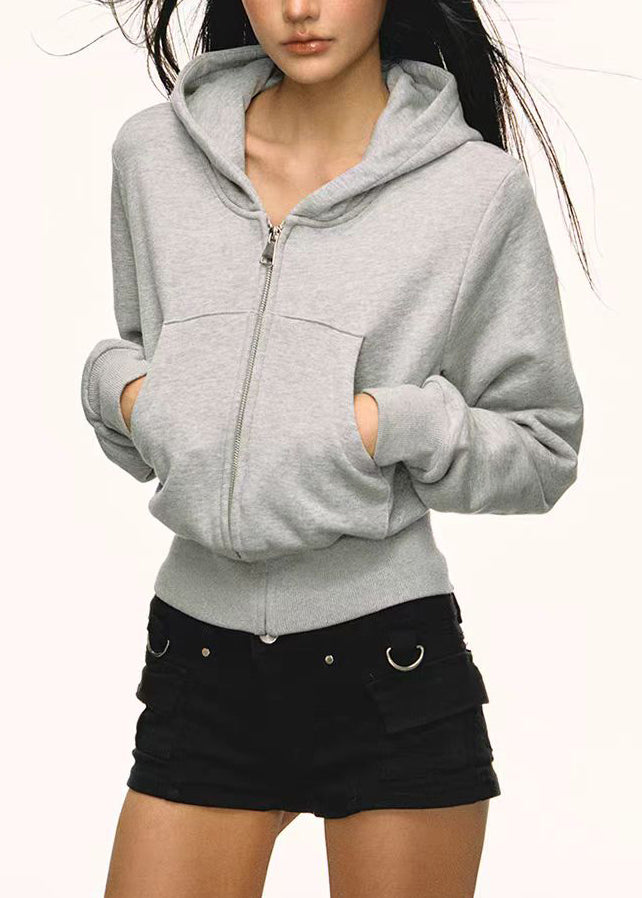 Sudadera con capucha de algodón informal con bolsillos y cremallera para mujer, color gris, para primavera