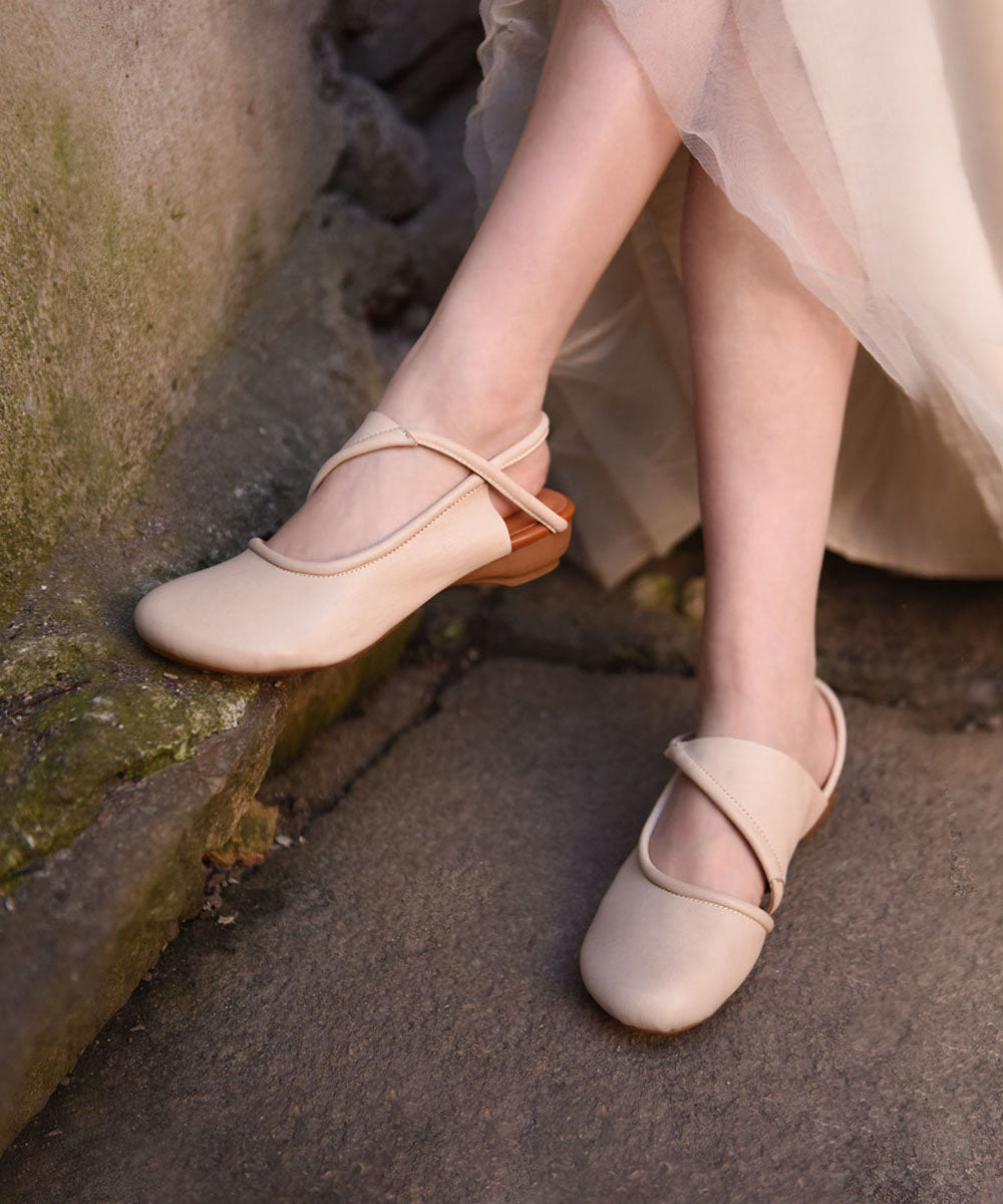 Women Hollow Out Water Sandals Beige Cowhide Leather