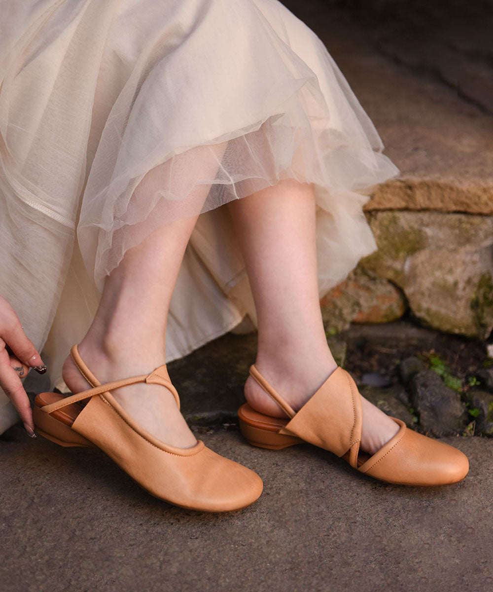 Women Hollow Out Water Sandals Beige Cowhide Leather