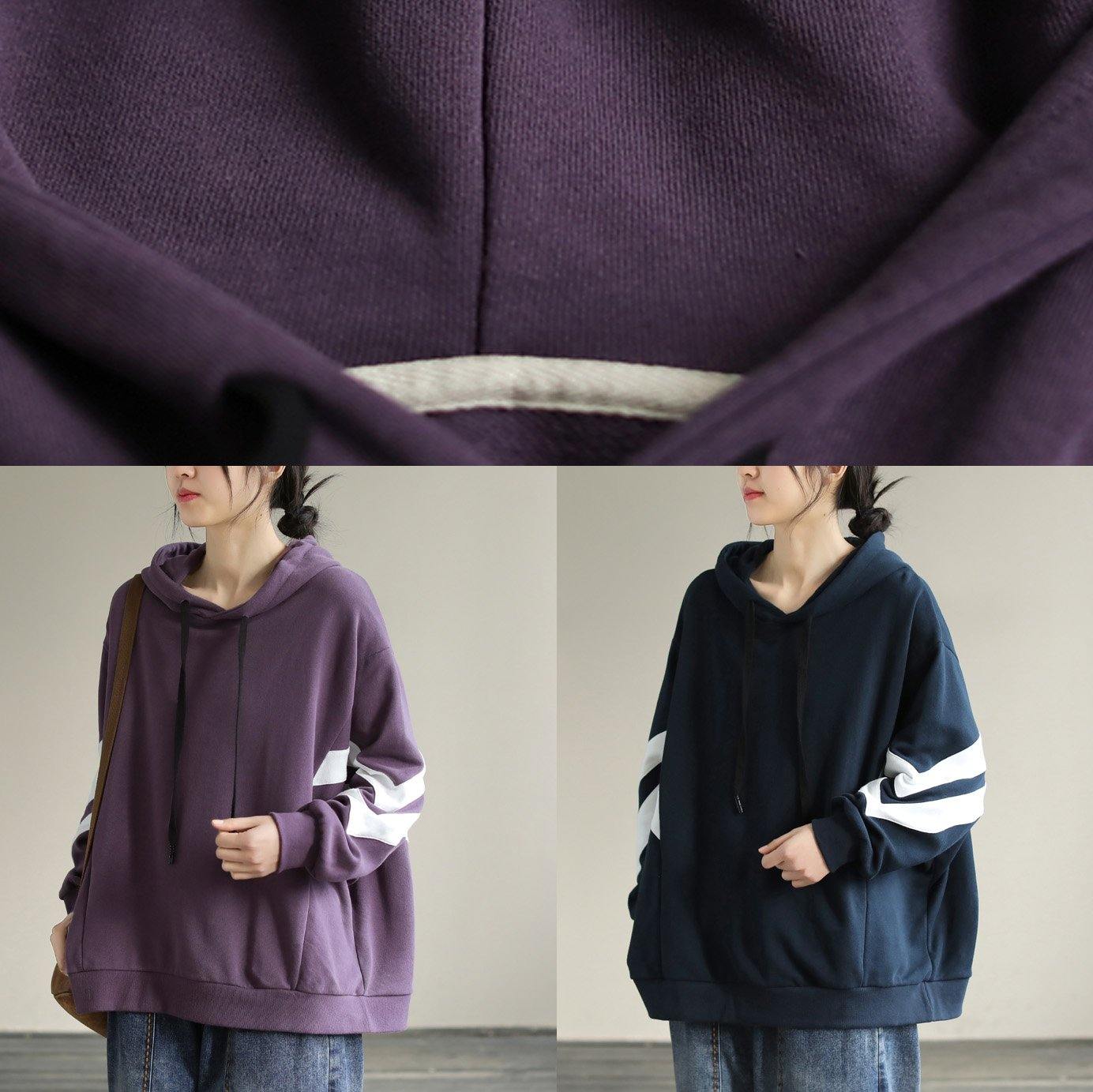 Women Hooded cotton Spring Tunic pattern Work Outfits Purple Sweatshirt - SooLinen