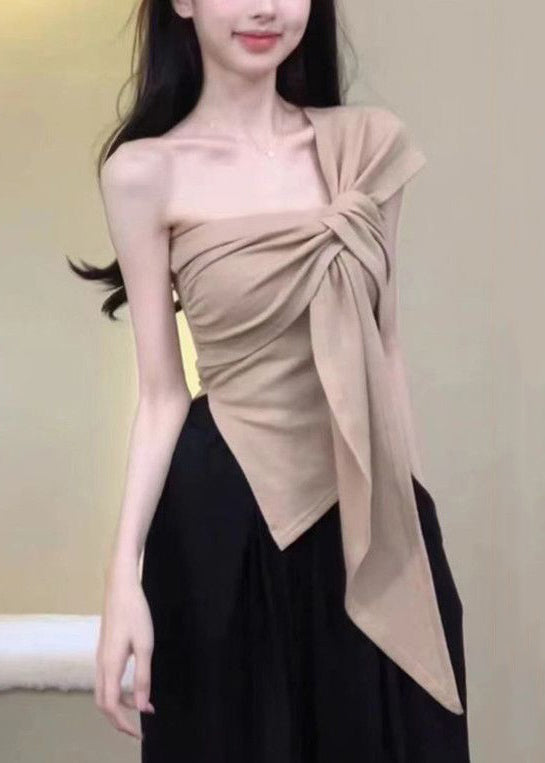 Damen Khaki Asymmetrische One-Shoulder Baumwolle T Shirt Ärmellos
