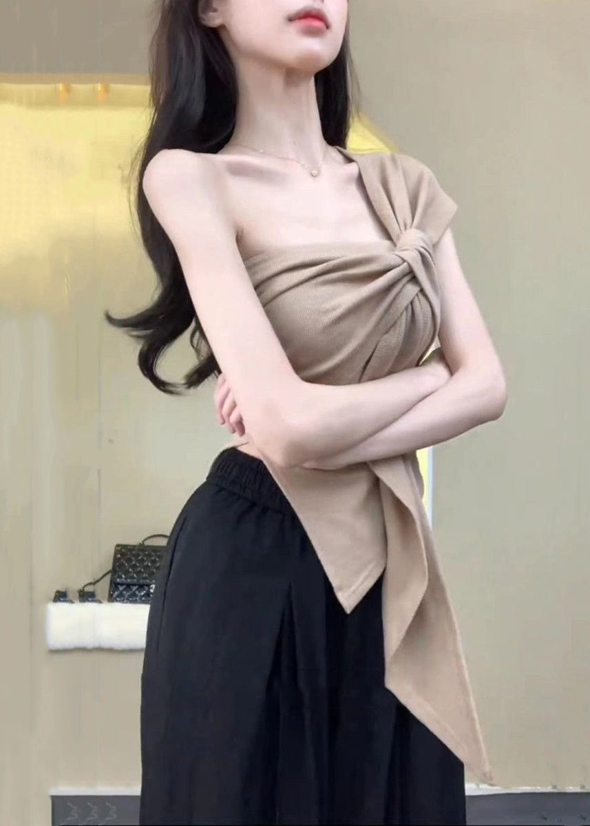 Damen Khaki Asymmetrische One-Shoulder Baumwolle T Shirt Ärmellos