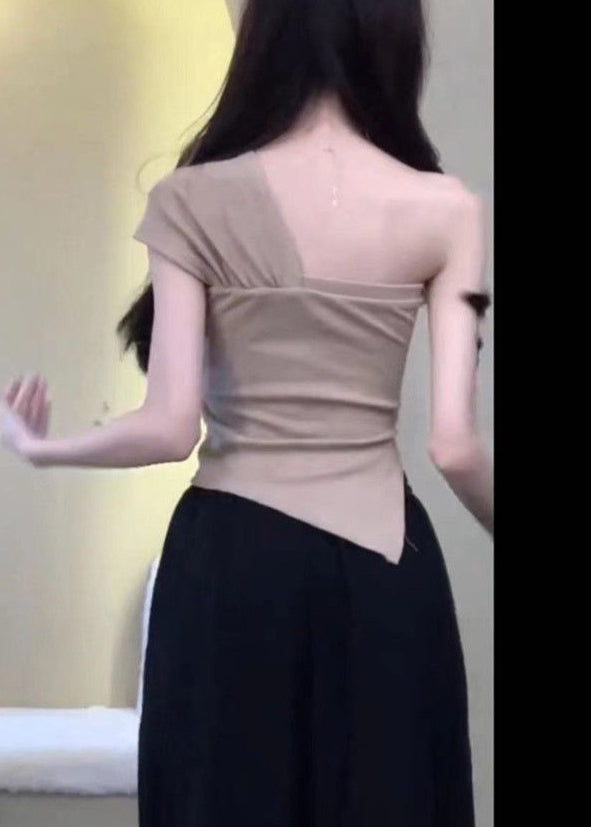 Damen Khaki Asymmetrische One-Shoulder Baumwolle T Shirt Ärmellos