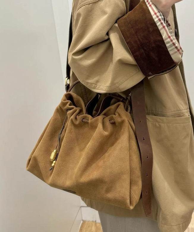 Women Khaki Drawstring Durable Leather Pouch Handbag