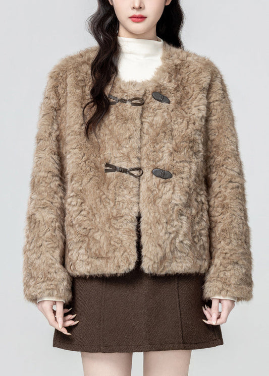 Women Khaki O Neck Button Teddy Faux Fur Coat Winter