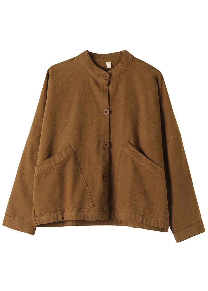 Women Khaki Stand Collar Pockets Button Fall Trench Long Sleeve