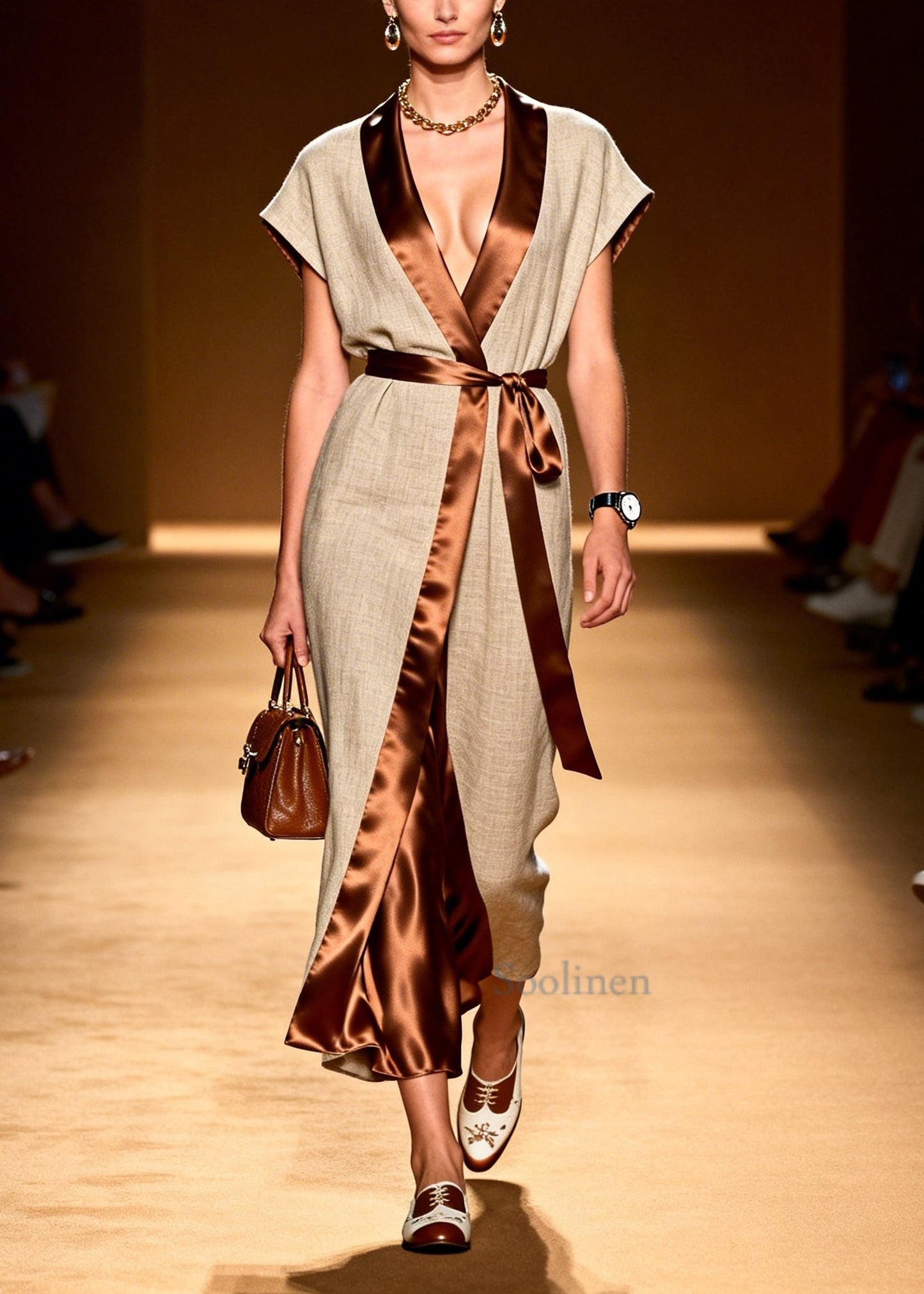 Women Khaki Tunic Patchwork Linen Silk Long Dress Summer