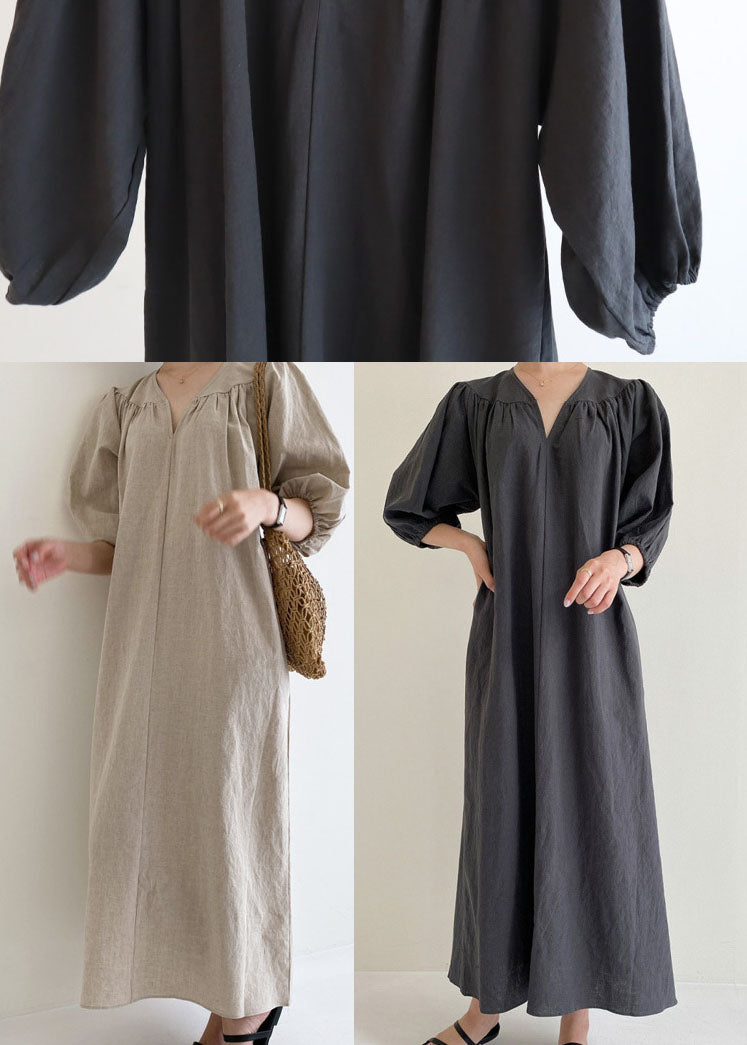 Damen Khaki V-Ausschnitt Retro Baumwollkleid Halbarm