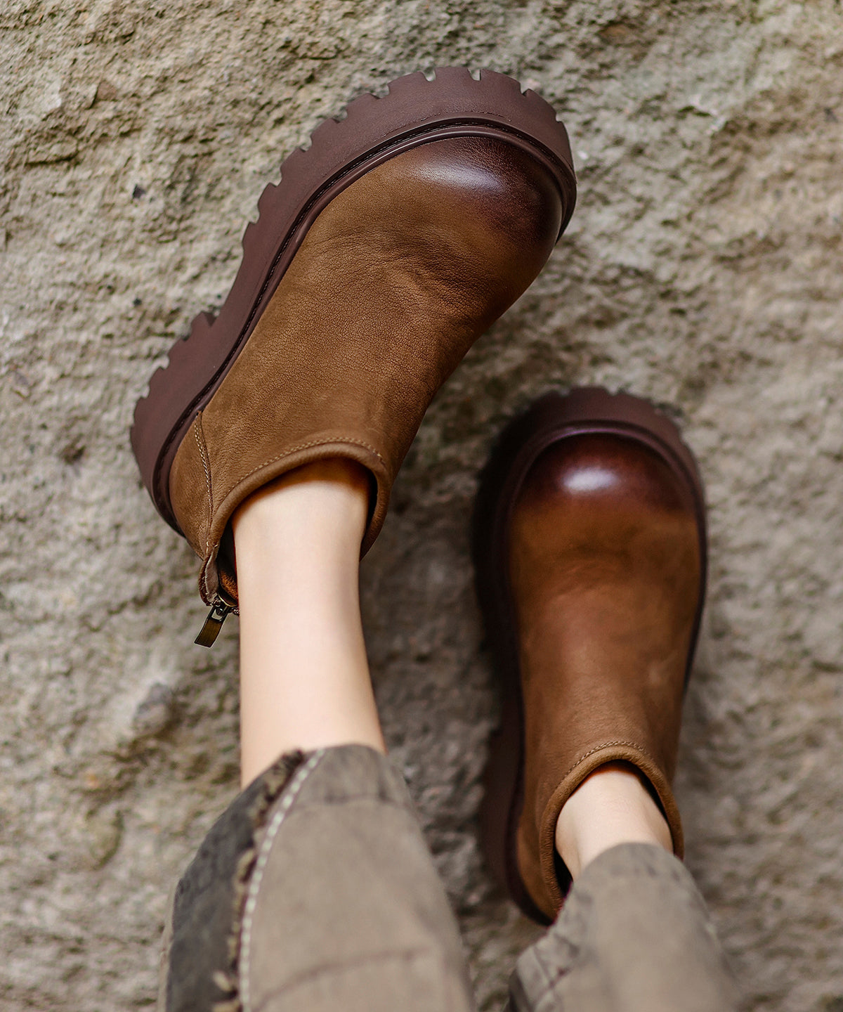 Women Khaki Zippered Splicing Platform Cowhide Leather Ankle Boots