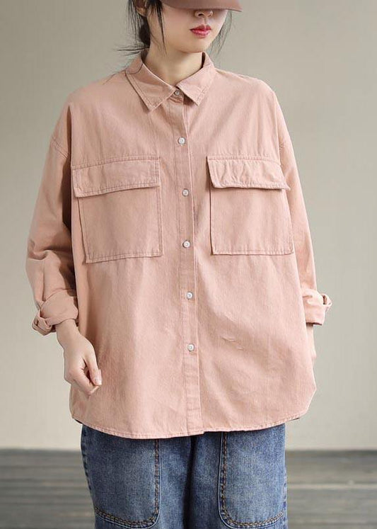 Women Lapel Pockets Spring Top Silhouette Wardrobes Pink Shirts - SooLinen