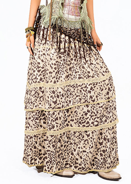 Women Leopard High Waist Lace Patchwork Maxi Skirt Summer