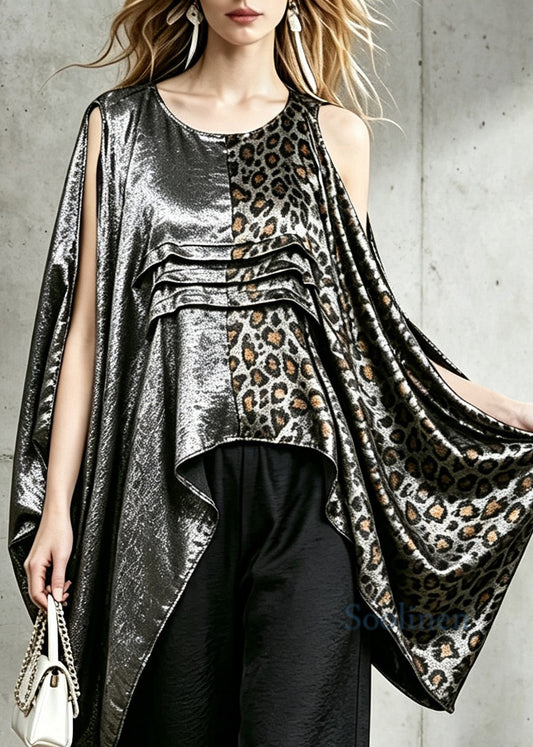 Women Leopard PatchworkO-Neck Asymmetrical Blouse Top Fall