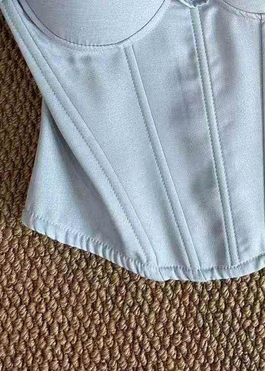 Women Light Blue Ruffled Fish Bones Cotton Bustier Top Summer