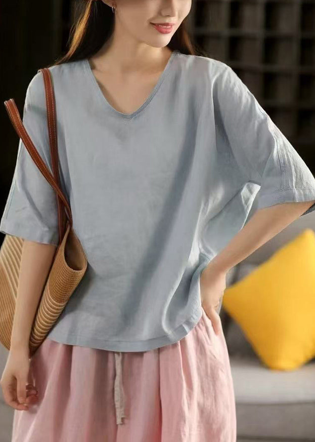 Women Light Blue V Neck Solid Linen T Shirt Half Sleeve