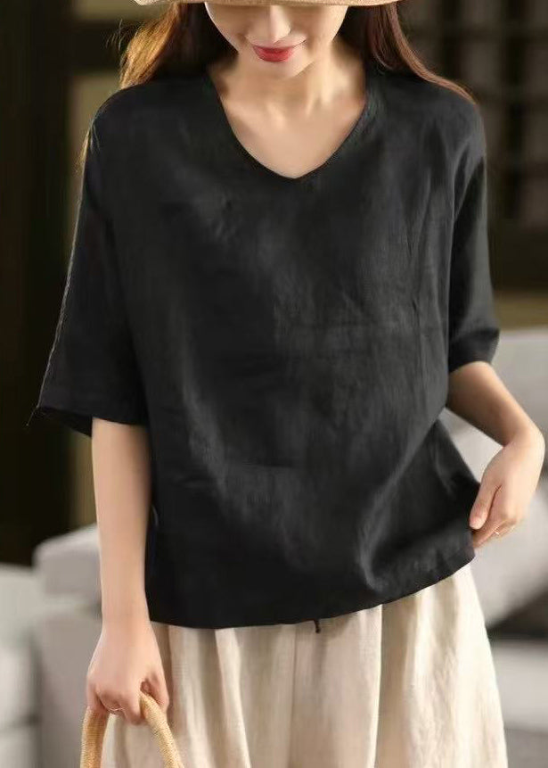 Women Light Blue V Neck Solid Linen T Shirt Half Sleeve