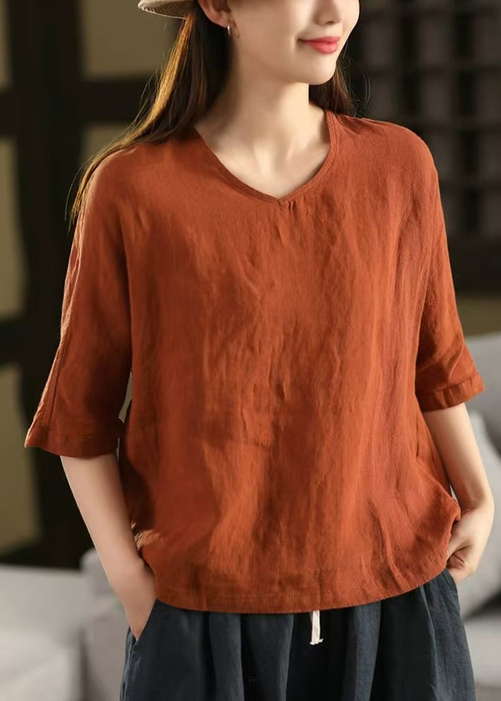 Women Light Blue V Neck Solid Linen T Shirt Half Sleeve