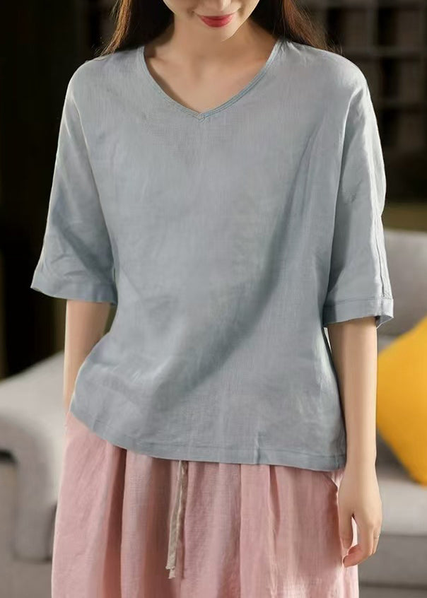Women Light Blue V Neck Solid Linen T Shirt Half Sleeve
