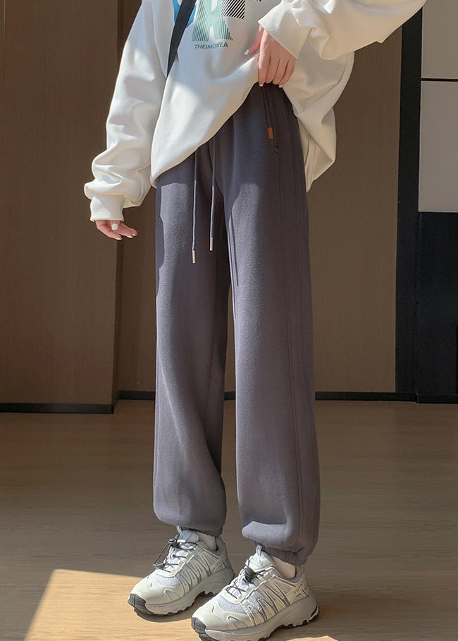 Women Light Grey Pockets Elastic Waist Warm Fleece Beam Pants Winter
