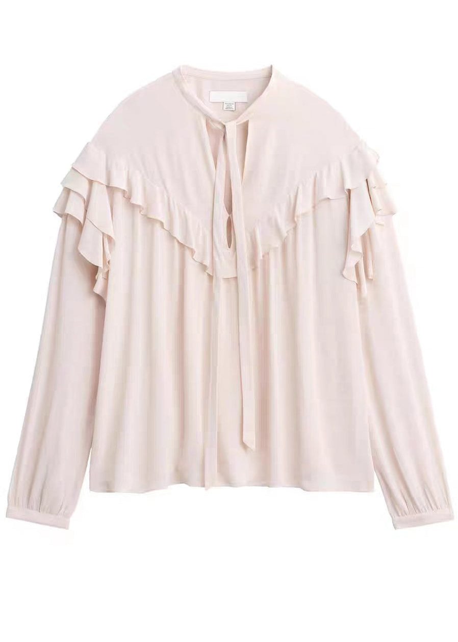 Women Light Pink Oversized Lace Up Ruffled Chiffon Blouses Long Sleeve
