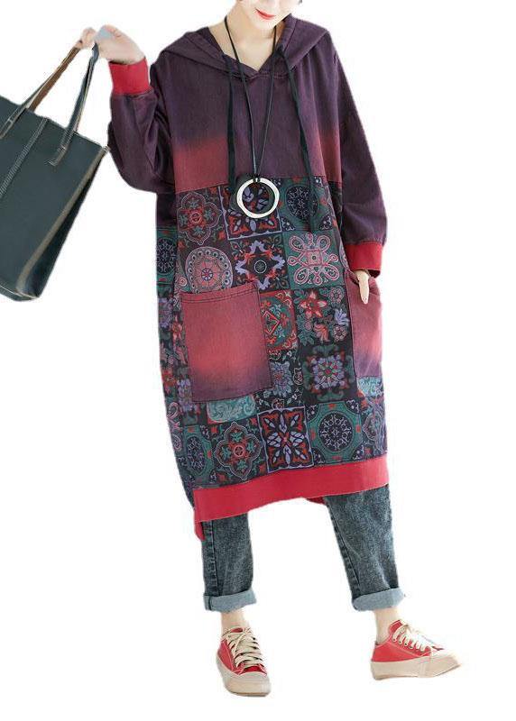 Women Mulberry Hooded Pockets Patchwork Print Fall Sweatshirts Dress - SooLinen