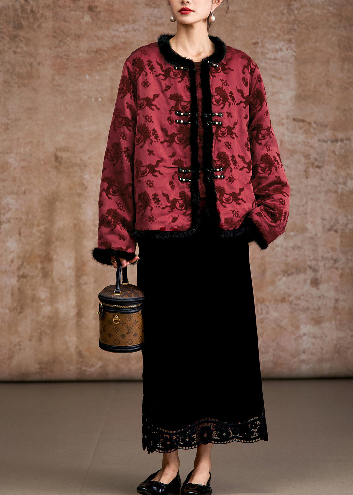 Women Mulberry Jacquard Patchwork Faux Mink Hair Duck Down Coats Winter