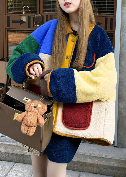 Damen Mehrfarbige Oversize-Patchwork-Flauschjacke mit Fellbesatz für den Winter