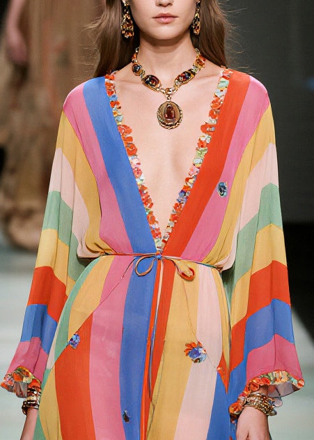 Women Multicolored Striped Asymmetrical Ruffled Chiffon Holiday Dress Summer