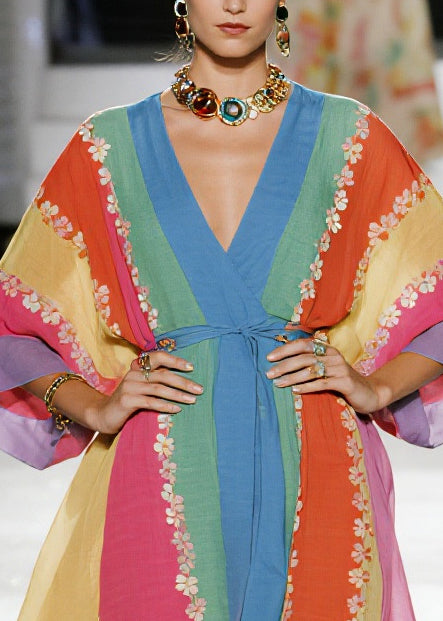 Women Multicolored Striped Flower Cotton Tunic Dress Summer