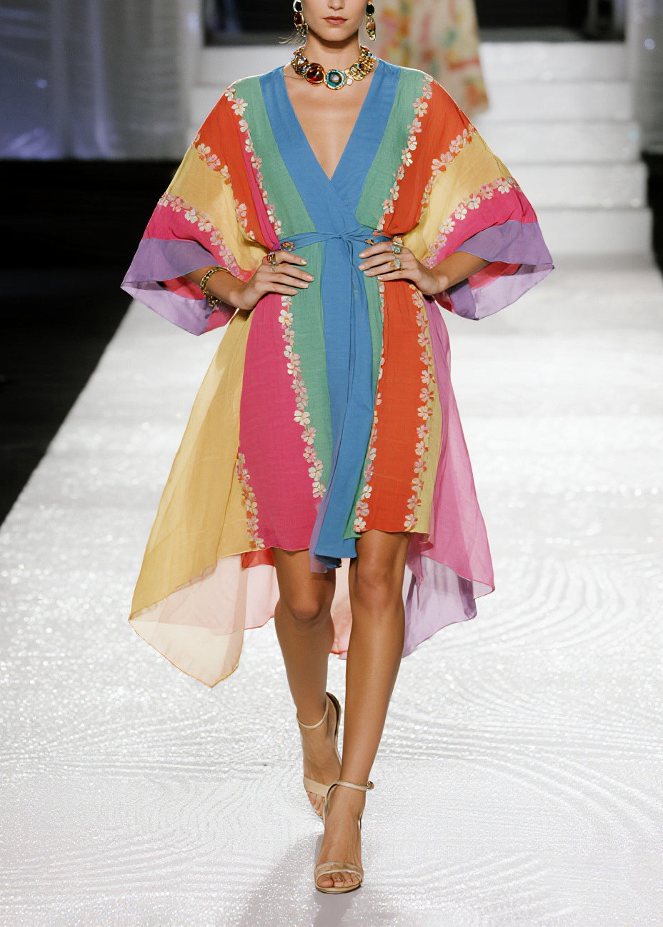 Women Multicolored Striped Flower Cotton Tunic Dress Summer