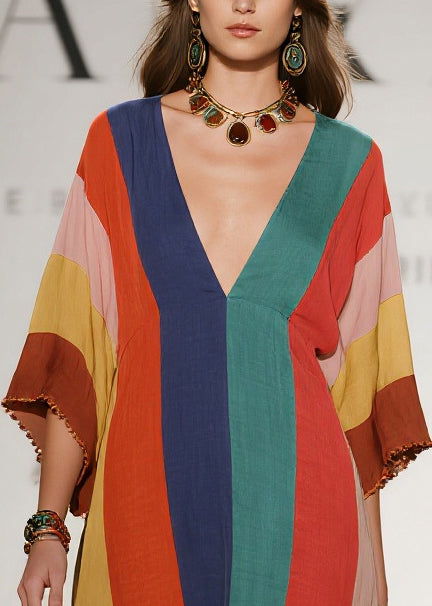 Women Multicolored Striped Flower Decorated Cotton Dresses Summer