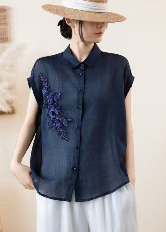 Women Navy Embroidered Linen Shirt Top Summer