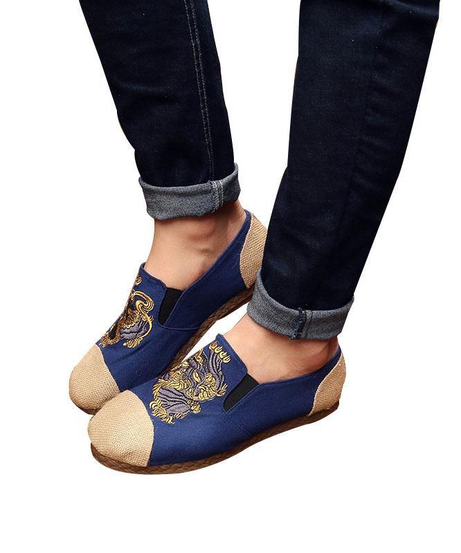 Women Navy Embroideried Splicing Flat Shoes Cotton Linen Fabric - SooLinen