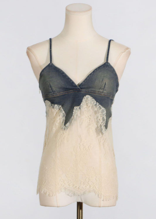 Women Navy Lace Patchwork Denim Vests And Skirts Two Pieces Set Summer