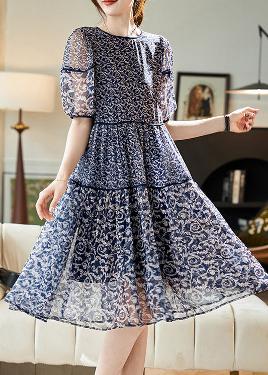 Women Navy O Neck Print Patchwork Chiffon Dresses Summer