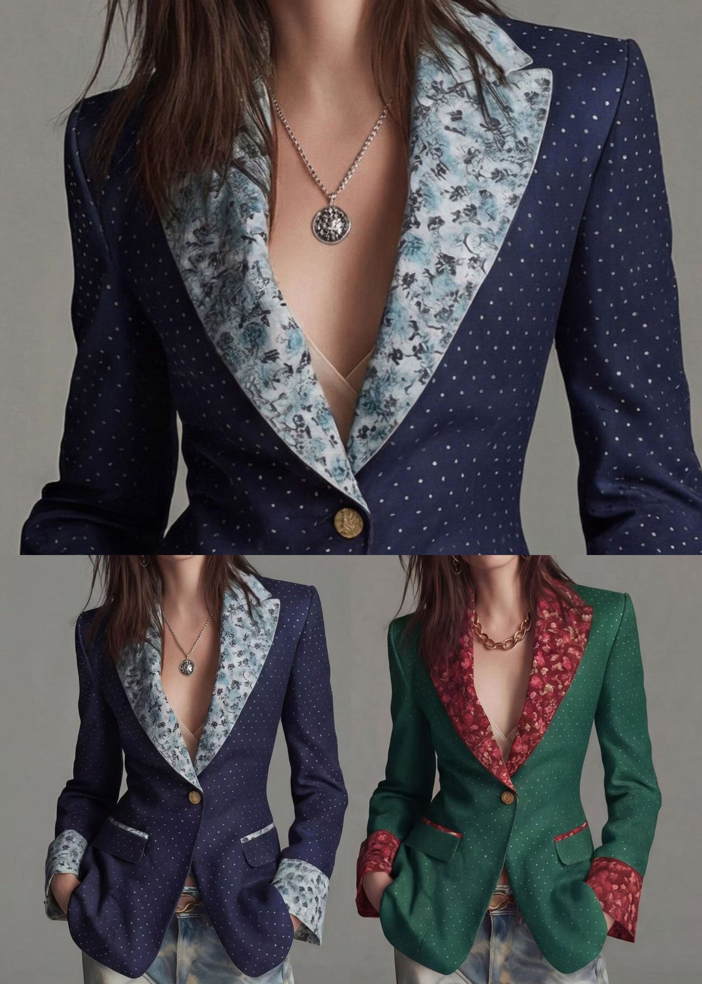 Women Navy Peter Pan Collar Print Patchwork Cotton Blazer Jackets Coat Fall