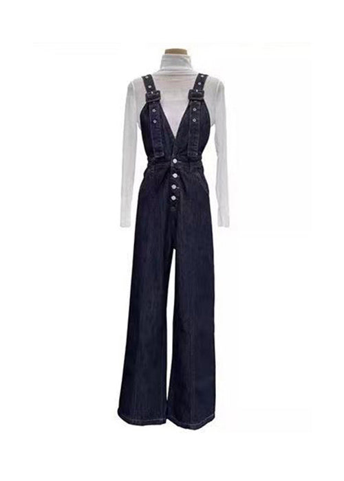 Women Navy Pockets Patchwork Denim Jumpsuits Spring