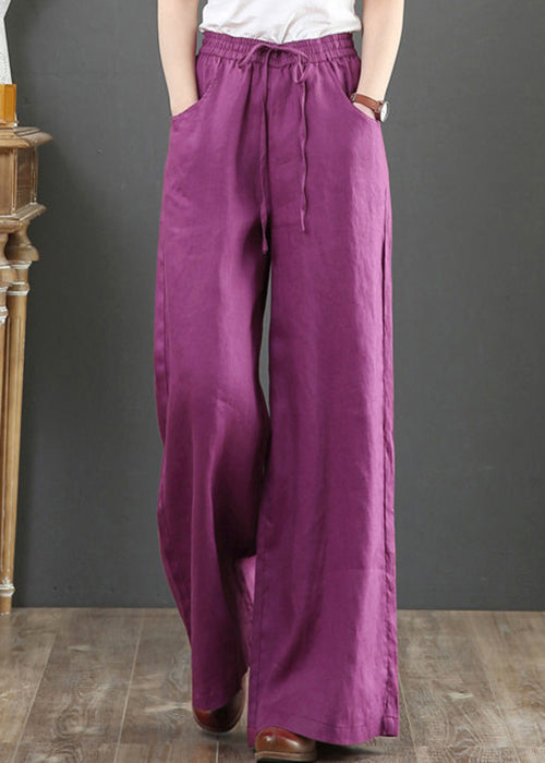 Women Navy Pockets Tie Waist Cotton Straight Pants Summer